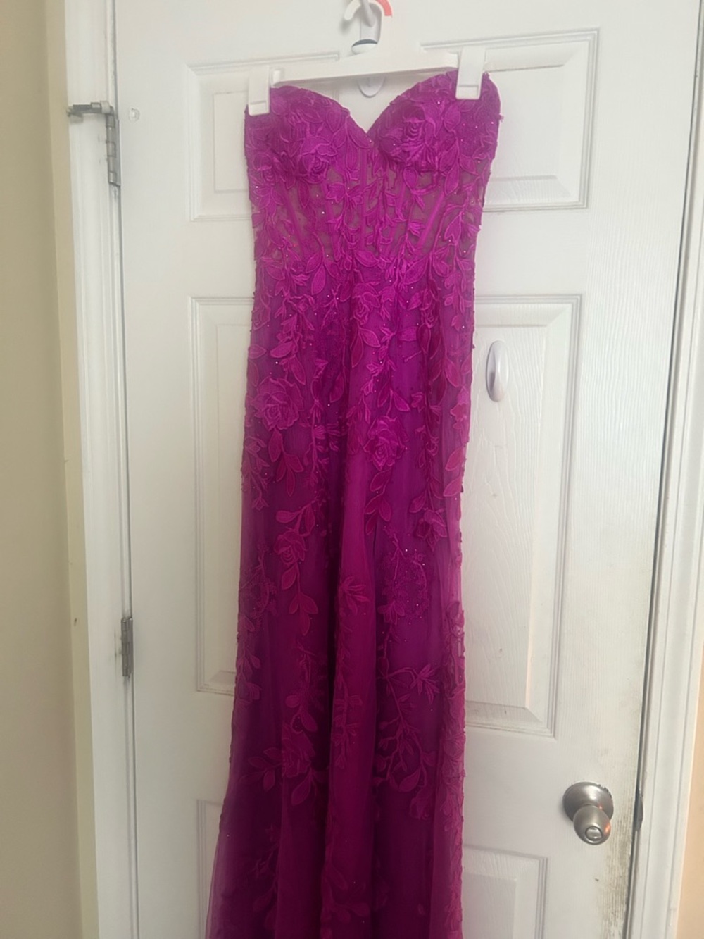 Sherri Hill Strapless Fuchsia Embroidered Evening Gown